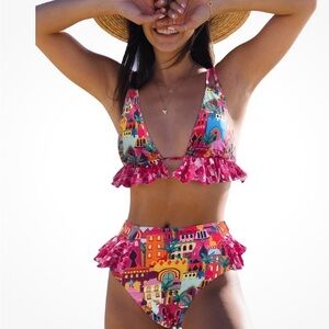 Sporlike Pink Multicolor Strappy Bikini Top&Bottom SZ med European vacation NWT